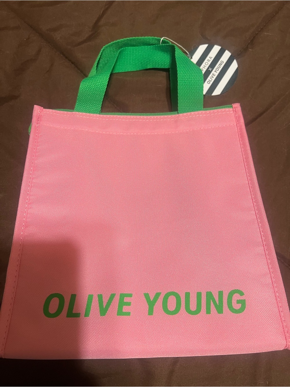 Pink Insulated Tote Bag with Green Handles